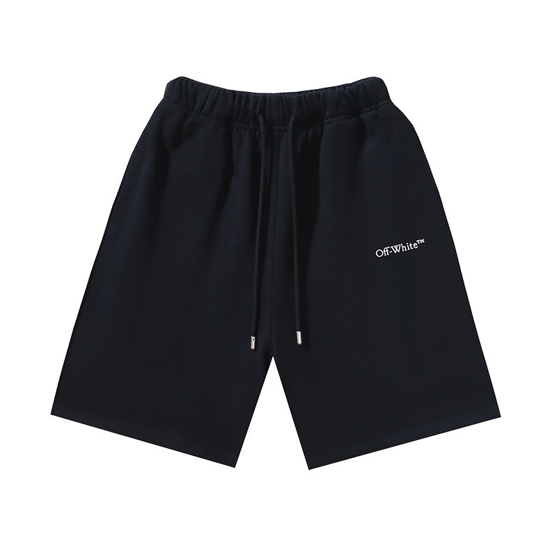 Black drawstring shorts with 'Off-White' logo on right thigh