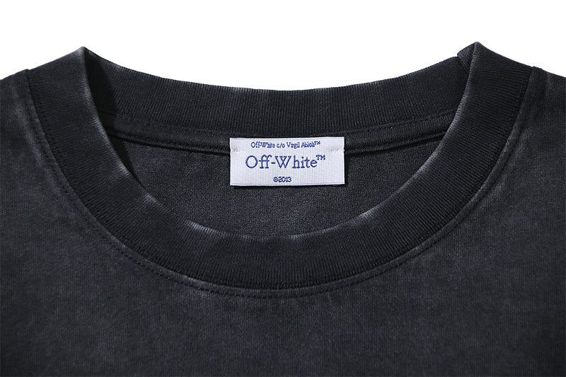 Black T-shirt crew neck with Off-White label tag and ribbed collar