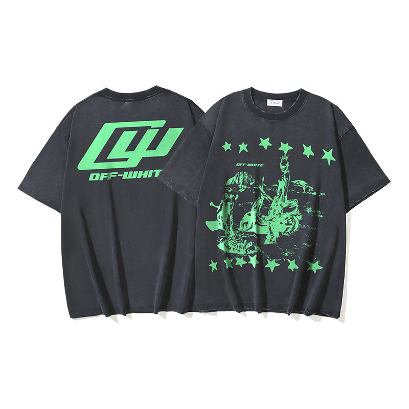 Black T-shirt with green Off-White graphic logo and star-and-figure print, crew neck