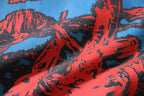 Close-up of red and blue front graphic on black Off-White T-shirt
