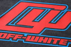 Off-White logo graphic on black T-shirt chest with red and blue accents