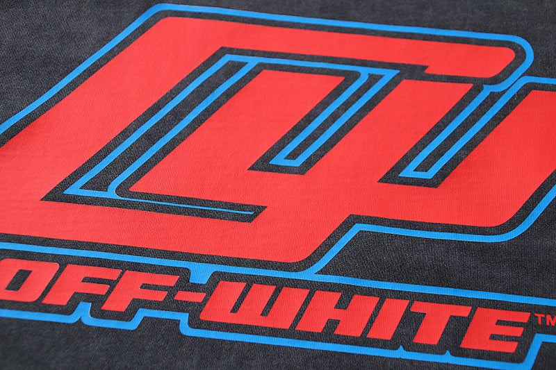 Off-White logo graphic on black T-shirt chest with red and blue accents
