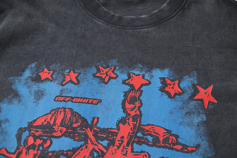 Black T-shirt front graphic with red character and blue background stars