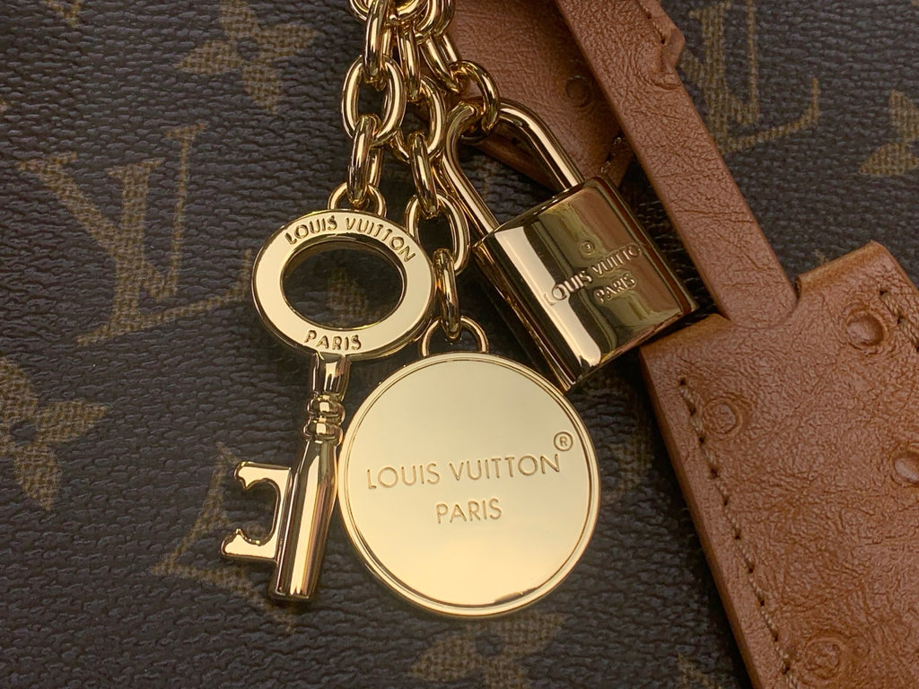Gold key and padlock charms on Louis Vuitton monogram bag hardware