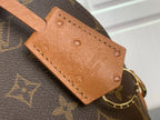 Tan leather corner strap with grommets on Louis Vuitton monogram bag