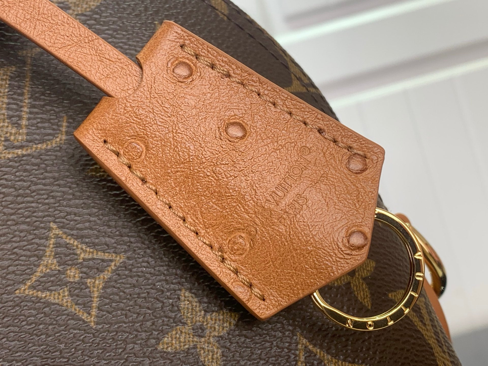 Tan leather corner strap with grommets on Louis Vuitton monogram bag
