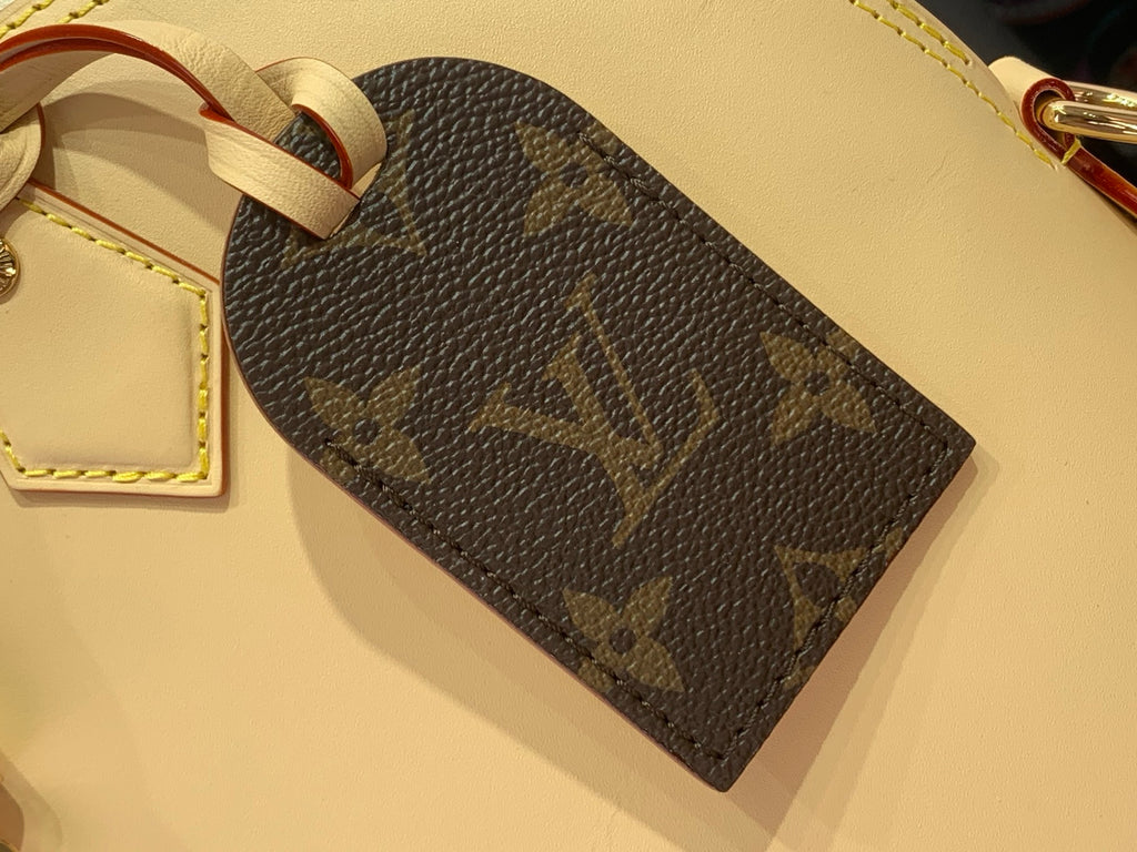 Monogram mini pouch with beige trim and dark brown leather-look body