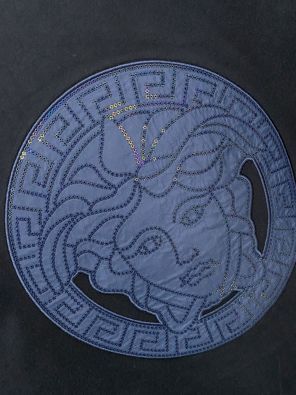 Navy T-shirt chest print: blue Medusa coin-style emblem
