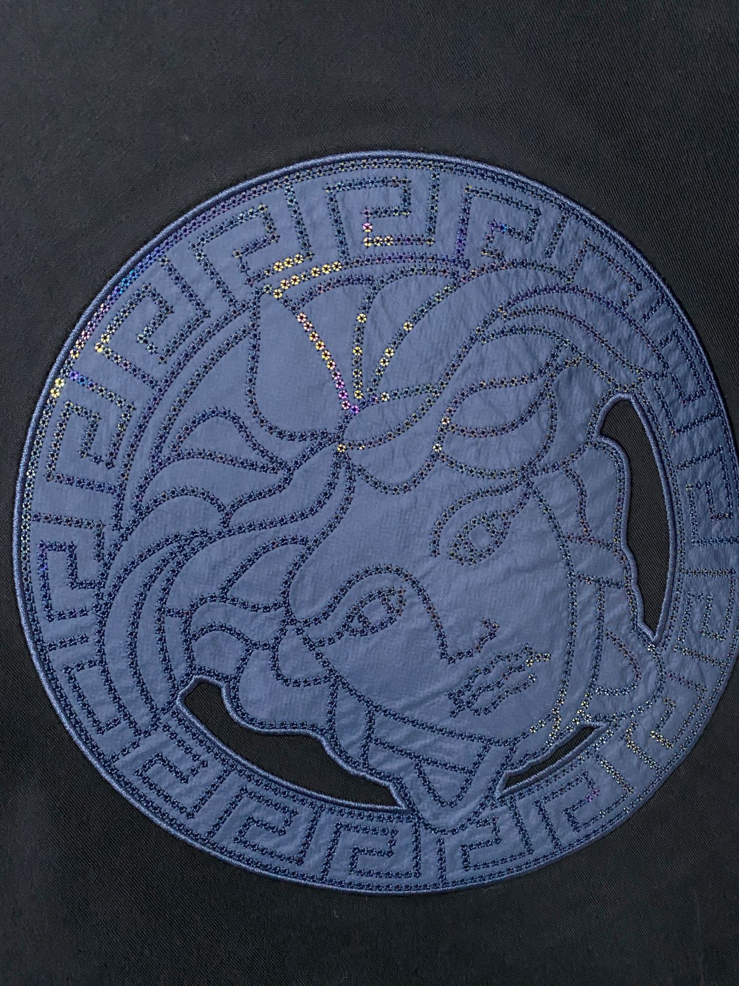 Navy T-shirt chest print: blue Medusa coin-style emblem