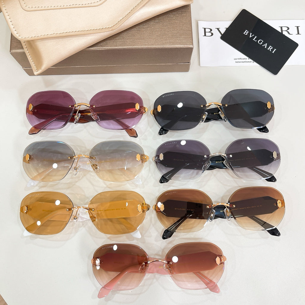 Bvlgari sunglasses set with tinted lenses in multiple colors on display
