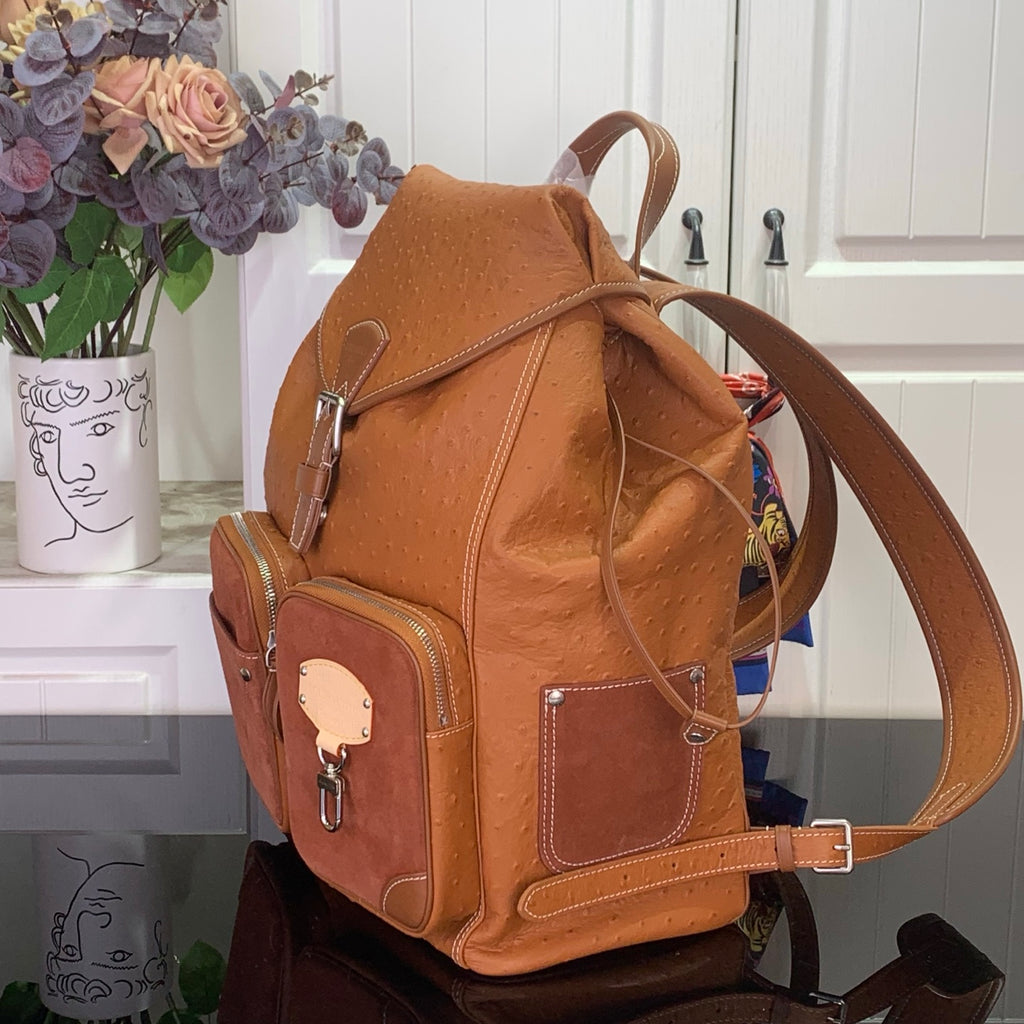 Tan leather Louis Vuitton backpack with side pockets and adjustable shoulder straps