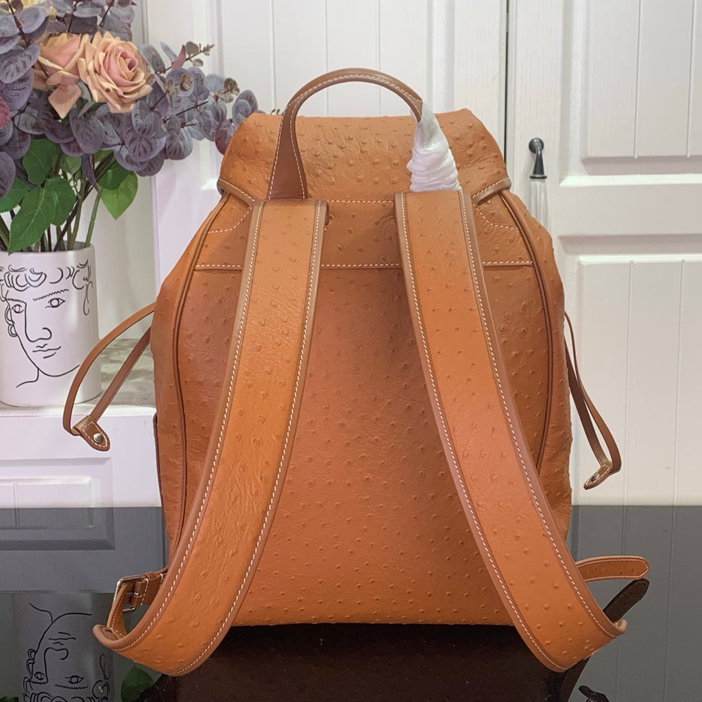 Tan leather Louis Vuitton backpack with padded shoulder straps and back panel detailing