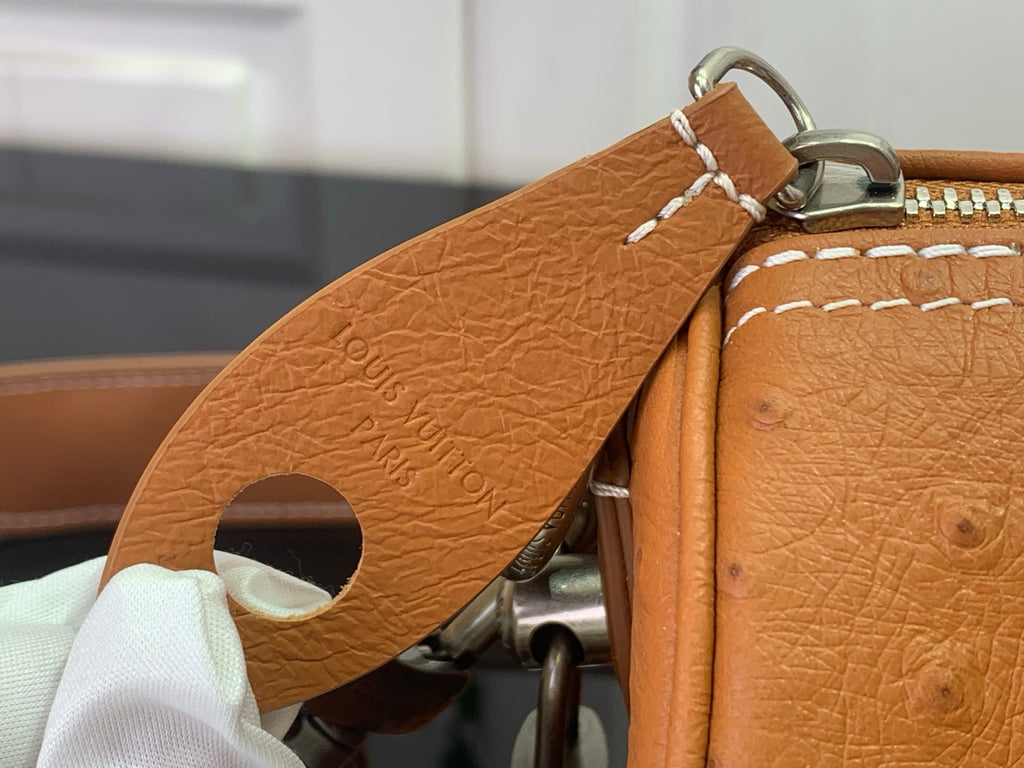 Louis Vuitton bag top handle in tan textured leather with metal hardware