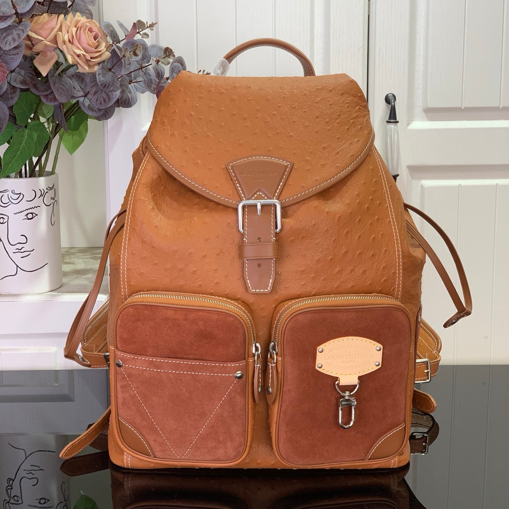 Louis Vuitton tan leather backpack with top handle, flap front, and multiple zip pockets