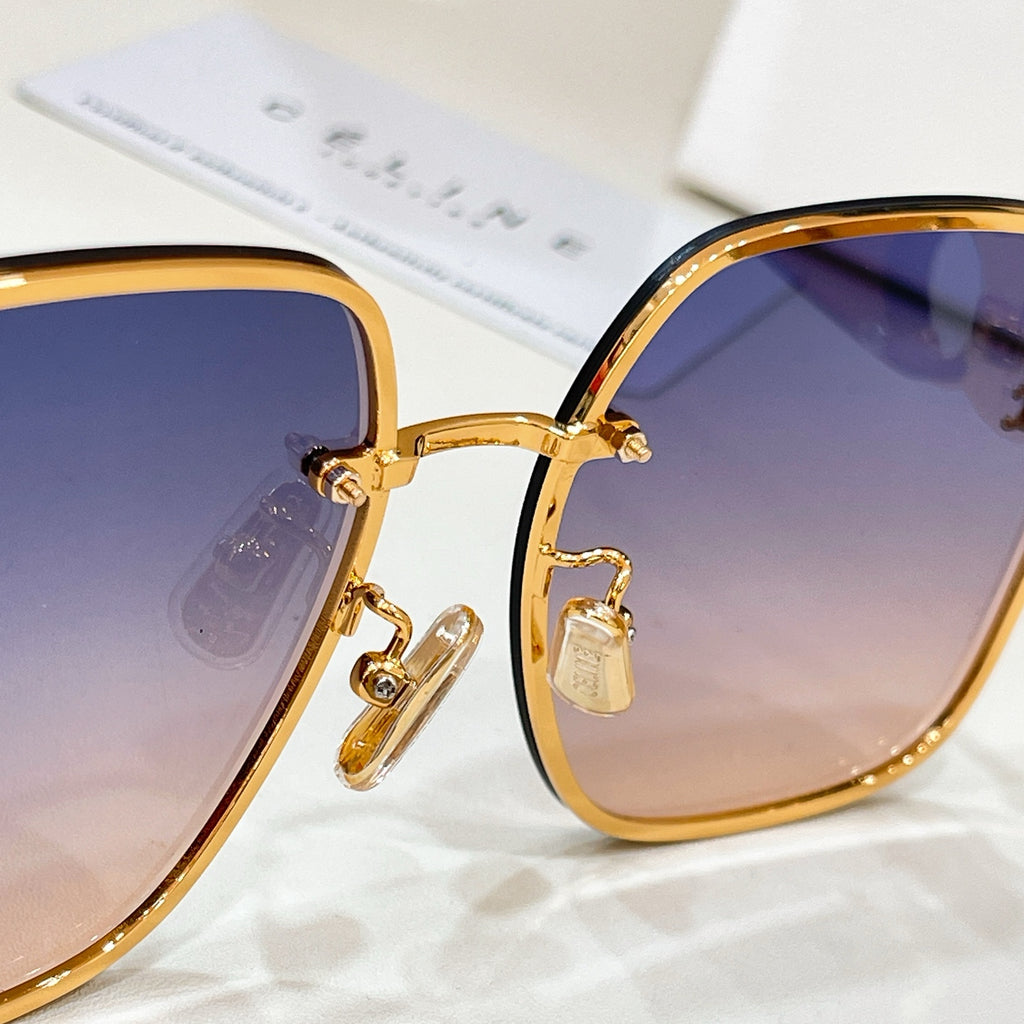 Celine sunglasses close-up: gold hinge and logo detail with purple-tinted lenses