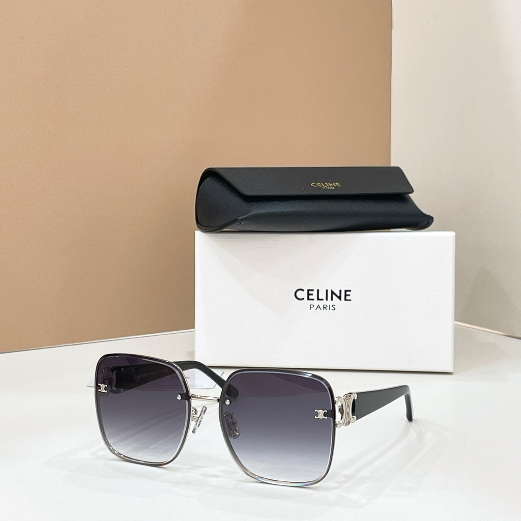 Celine sunglasses with dark purple lenses and metal frame, gold logo detail