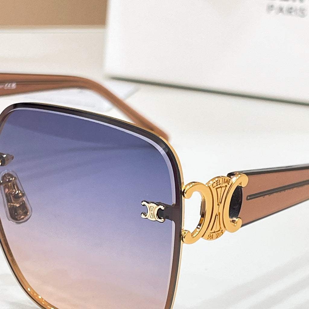 Celine sunglasses close-up: gold logo on frame with blue gradient lenses