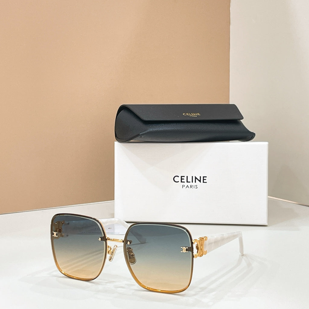 Celine sunglasses with blue-gray lenses and gold-trimmed frame, logo detail