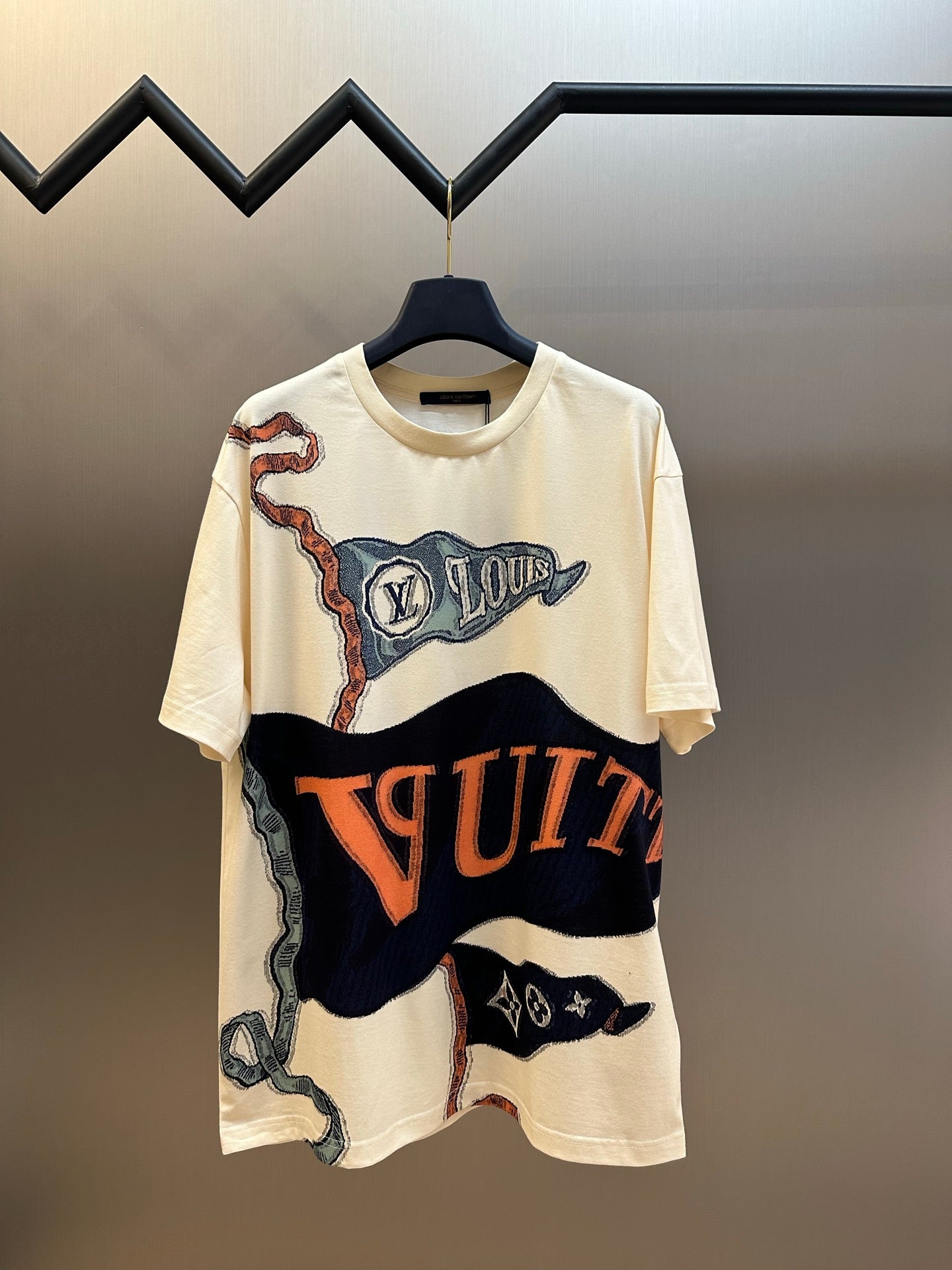 Louis Vuitton graphic T-shirt, cream with colorful illustration and short sleeves