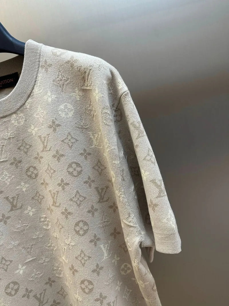 Beige monogram short-sleeve T-shirt with crew neck and sleeve cuff