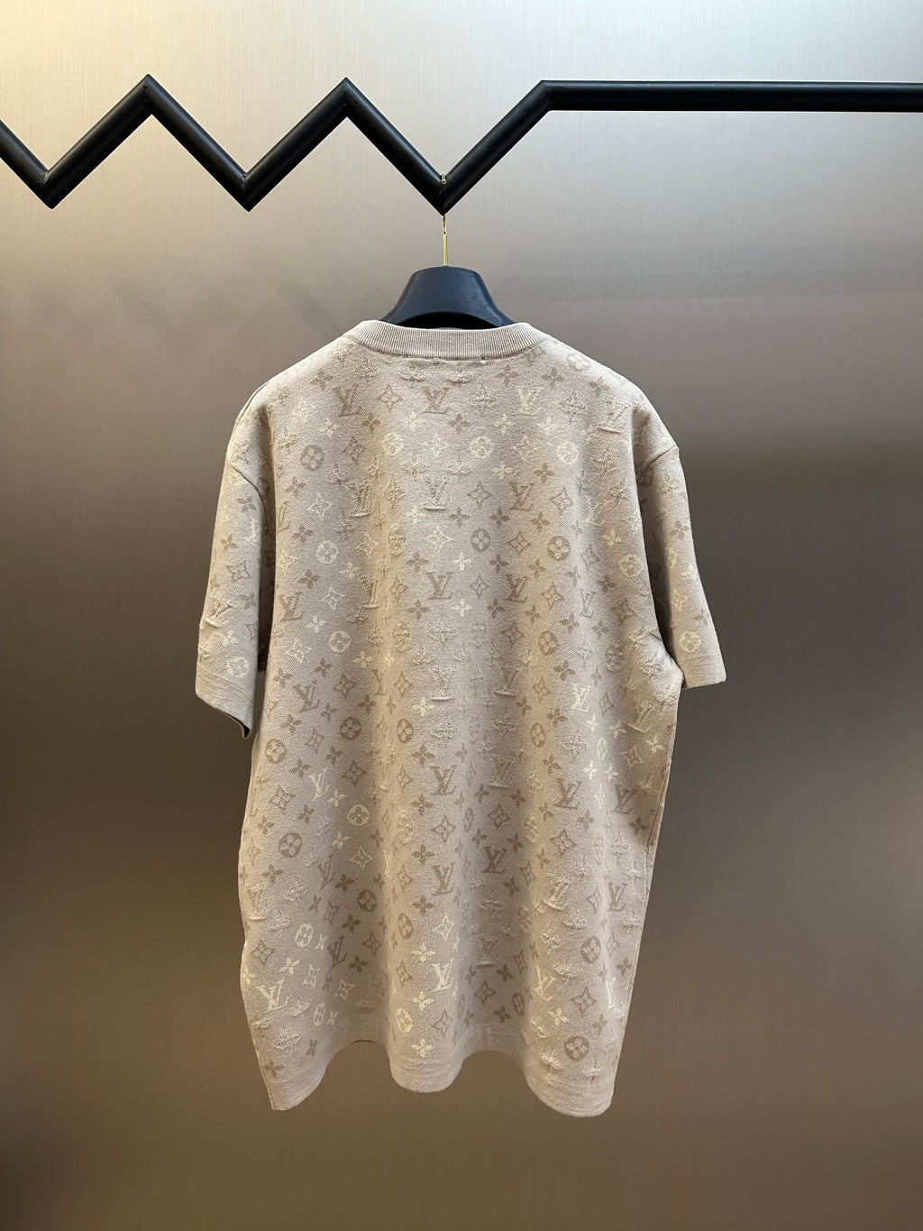 Monogram knit T-shirt back view in light beige with short sleeves