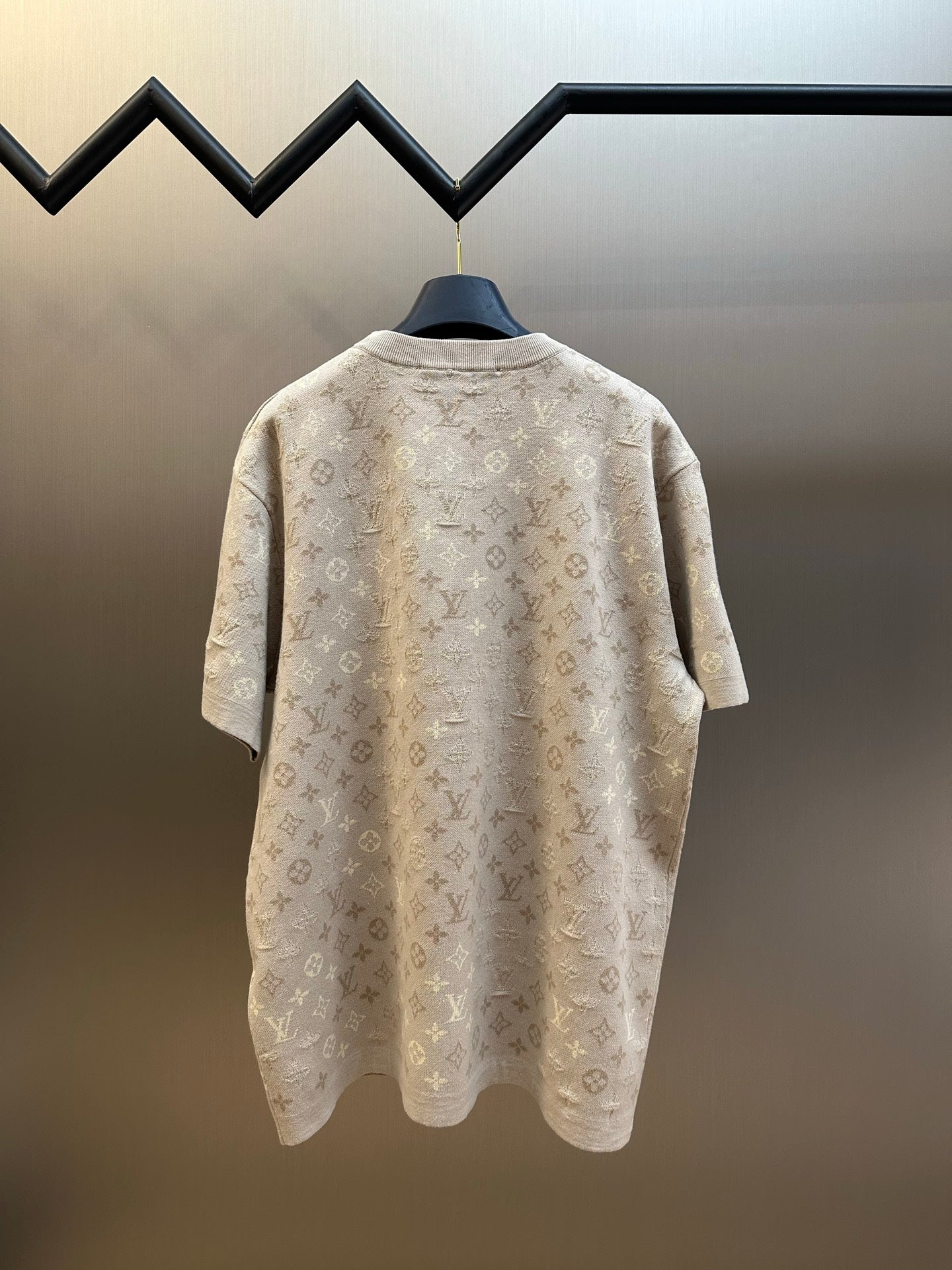 Monogram knit T-shirt back view in light beige with short sleeves