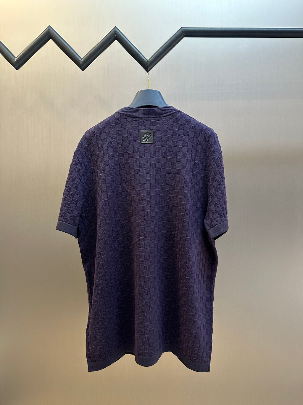 Louis Vuitton short-sleeve T-shirt back view in dark purple knit with small square logo