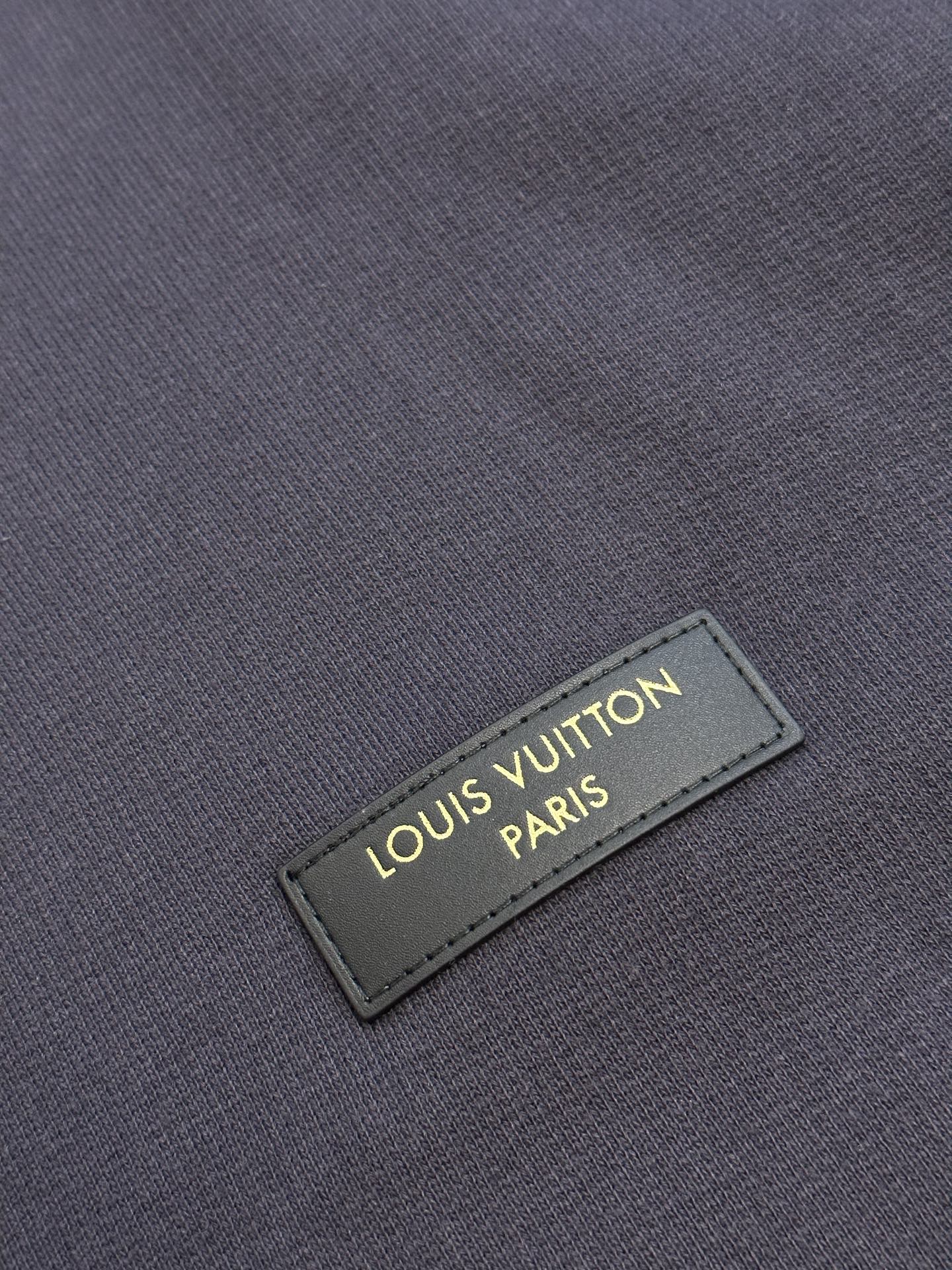 Dark navy hoodie with Louis Vuitton Paris leather logo patch