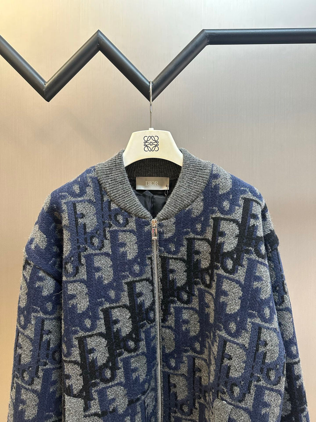 Logo knit zip jacket, blue and gray, ribbed knit collar and cuffs