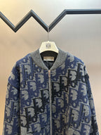 Logo knit zip jacket, blue and gray, ribbed knit collar and cuffs