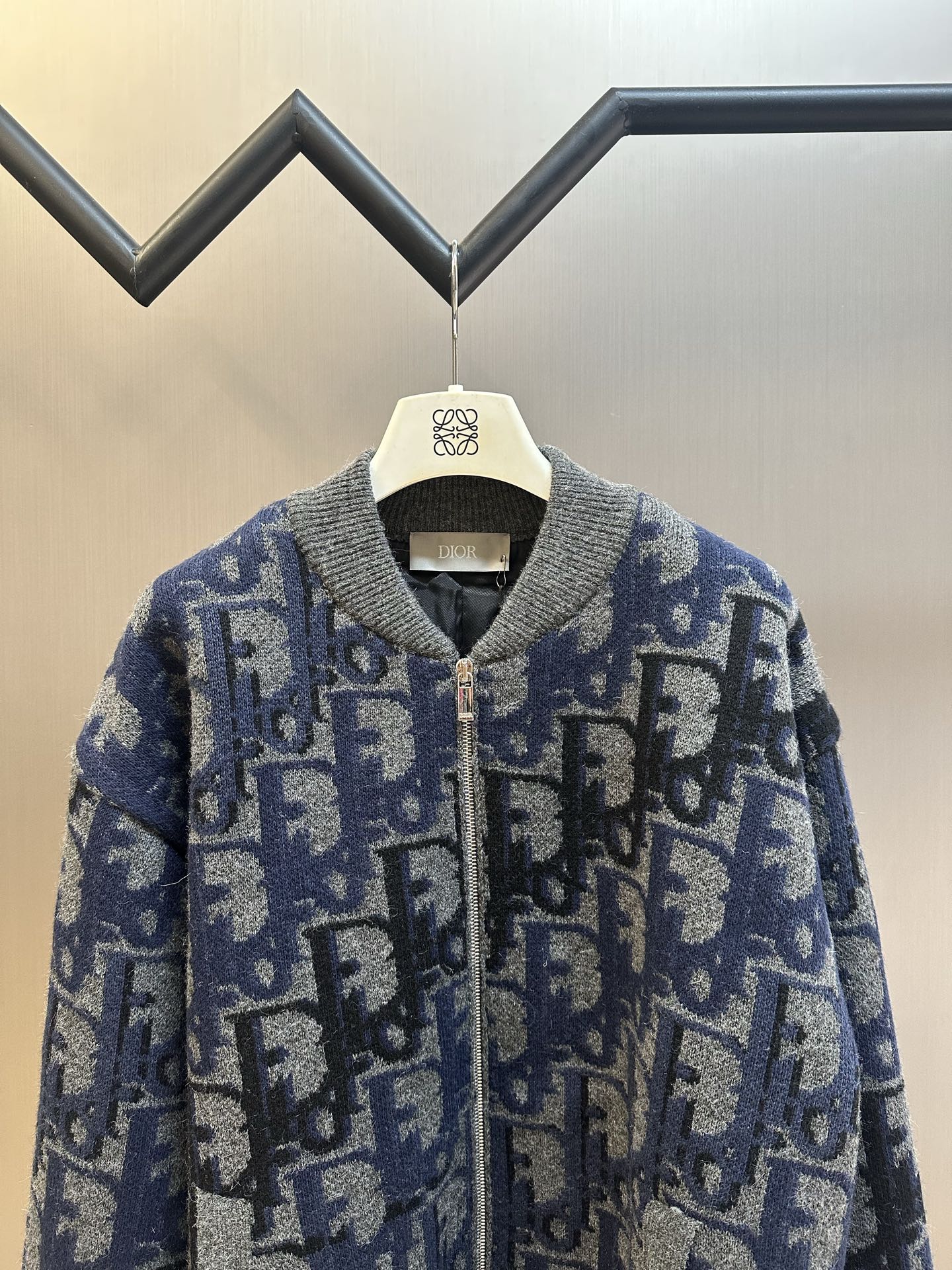 Logo knit zip jacket, blue and gray, ribbed knit collar and cuffs