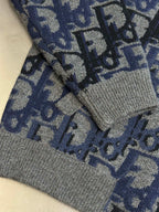 Logo knit zip jacket knit texture detail, gray base with blue pattern