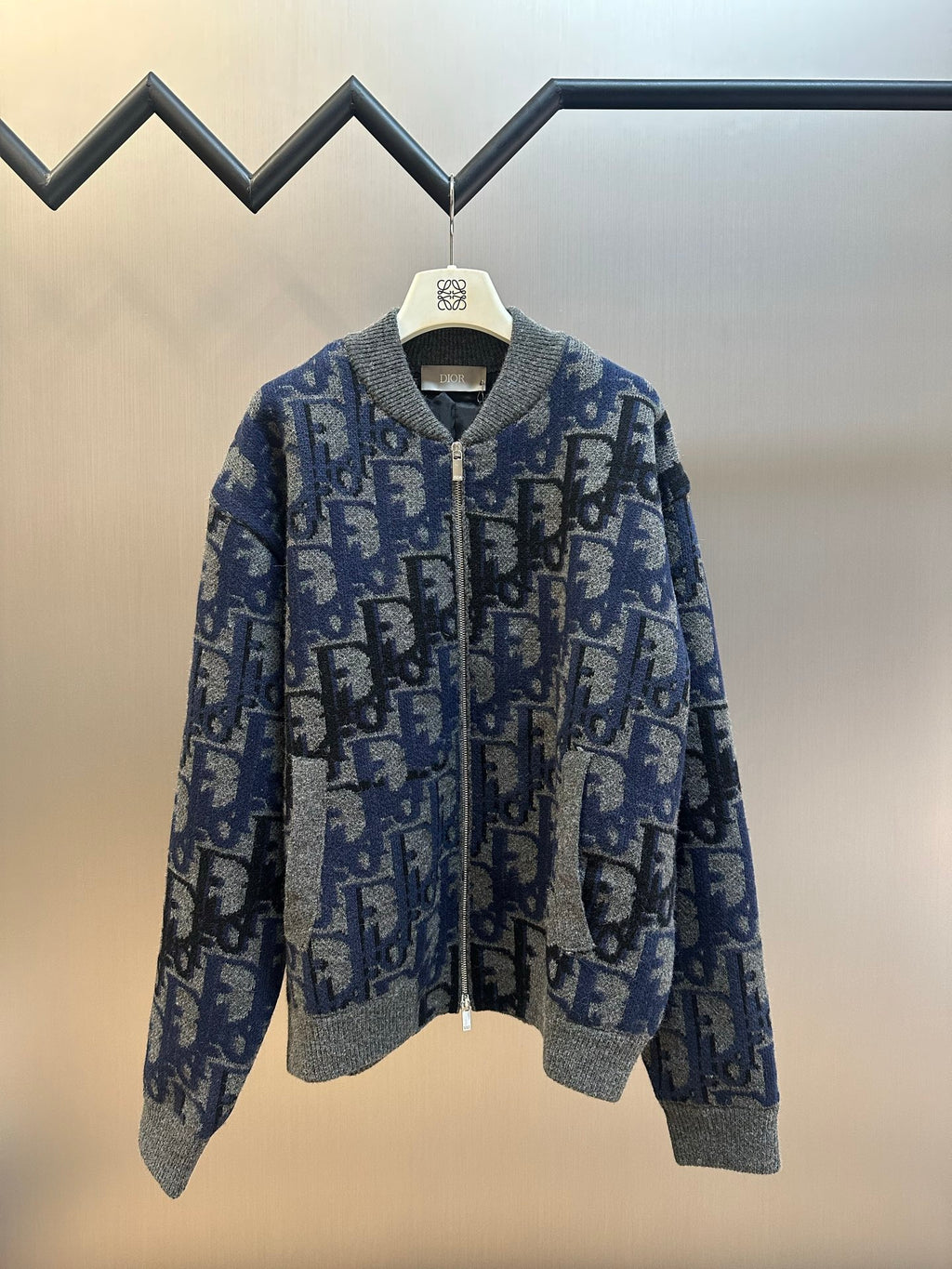 Logo knit zip jacket, blue and gray, stand collar, full front zipper