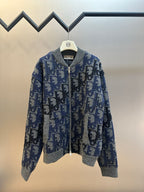 Logo knit zip jacket, blue and gray, stand collar, full front zipper