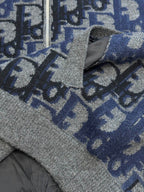 Logo knit zip jacket collar and zip stand detail, blue-gray knit