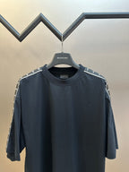 Crewneck T-shirt with logo-tape detail on shoulders, dark navy short sleeves