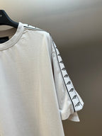 White short-sleeve T-shirt with black logo stripe on the sleeve