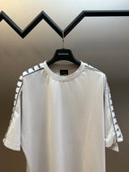 White crewneck T-shirt front view with short sleeves and logo stripe detailing