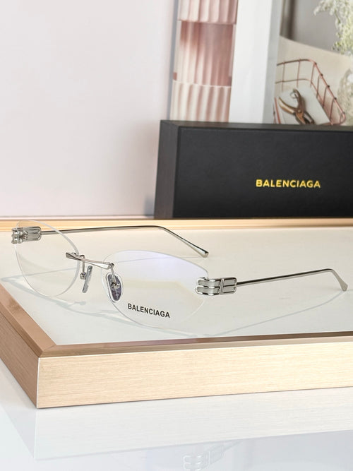 Balenciaga sunglasses with silver frame and clear lenses, curved metal arms