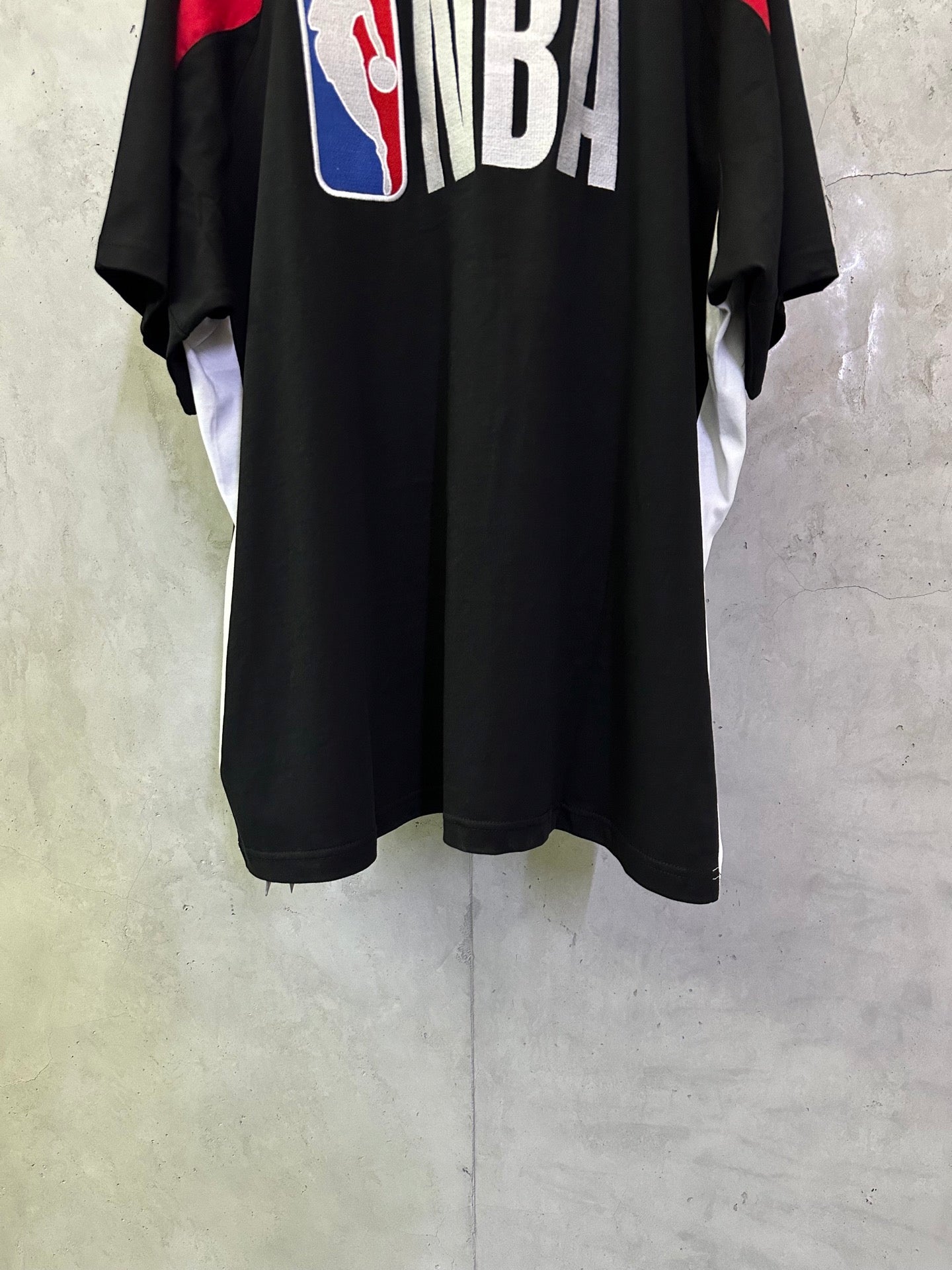 Balenciaga short-sleeve jersey with NBA graphic on front and red side panel accents