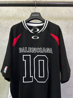 Balenciaga short-sleeve jersey with ribbed striped collar and “BALENCIAGA” 10 front print