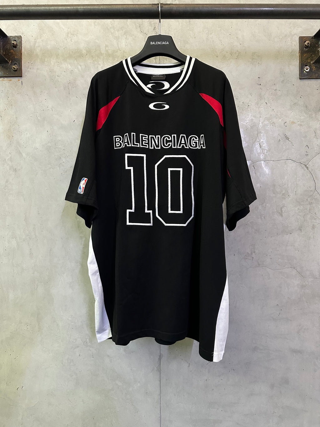 Balenciaga short-sleeve jersey, black with red side panels and “BALENCIAGA” 10 graphic