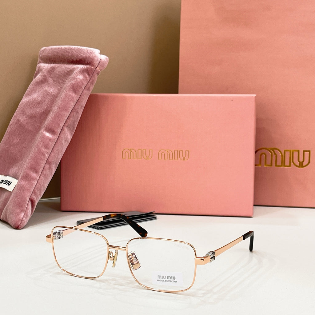 MiuMiu gold-tone rectangular eyeglasses with clear lenses and black top-bar detail
