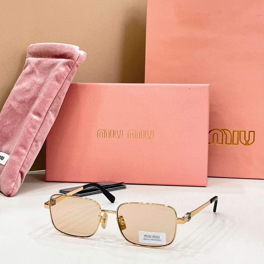 MiuMiu gold-tone rectangular eyeglasses with tan lenses and black top-bar detail