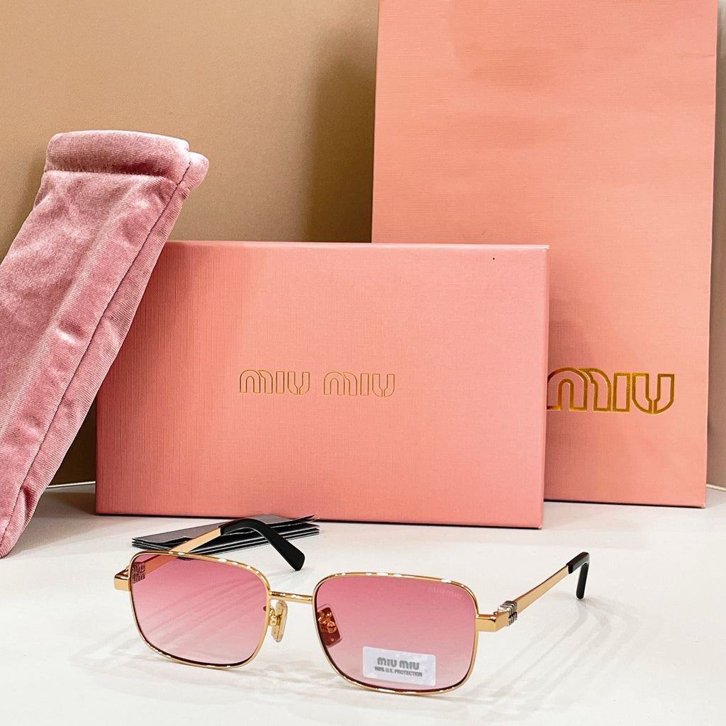 MiuMiu gold-tone rectangular sunglasses with pink gradient lenses and black top-bar detail