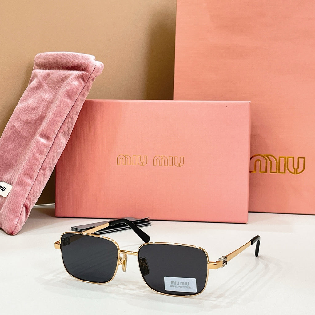 MiuMiu gold-tone rectangular sunglasses with dark lenses and black top-bar detail