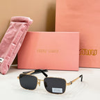 MiuMiu gold-tone rectangular sunglasses with dark lenses and black top-bar detail