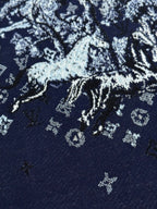 Navy T-shirt close-up of white patterned print motifs