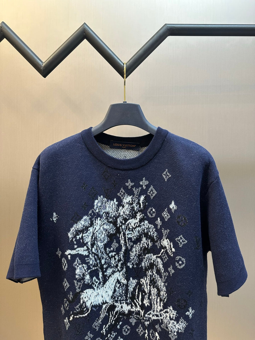 Navy crewneck T-shirt with white graphic print front view