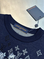 Navy crewneck T-shirt collar with white Louis Vuitton logo label
